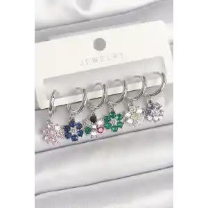 Pirinç Gümüş Renk Sallantı Renkli Zirkon Taşlı Çiçek Model Kadın Küpe Seti