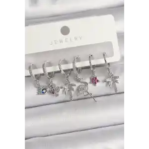 Pirinç Gümüş Renk Sallantı Zirkon Taşlı Deve Kuşu Figür Çoklu Kadın Küpe Seti