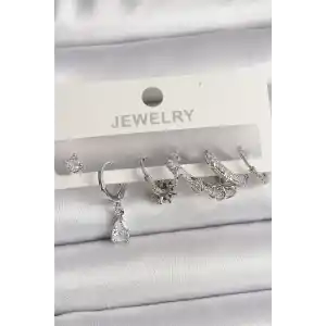 Pirinç Gümüş Renk Sallantı Zirkon Taşlı Halka Model Damla Taş Detay Kadın Küpe Seti