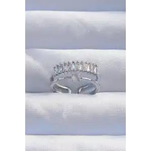 Pirinç Gümüş Renk Sedefli Zirkon Taşlı Su Yolu Model 2li Görünüm Ayarlanabilir Yüzük