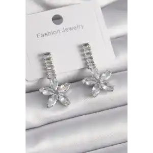 Pirinç Gümüş Renk Su Yolu Zirkon Taşlı Çiçek Model Kadın Küpe