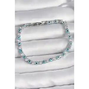 Pirinç Gümüş Renk Su Yolu Zirkon Taşlı Nazar Boncuklu Kadın Bileklik