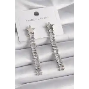 Pirinç Gümüş Renk Yıldız Model Su Yolu Zirkon Taş Kadın Küpe