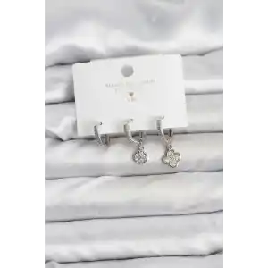 Pirinç Gümüş Renk Yonca Model 3lü Kadın Küpe Seti