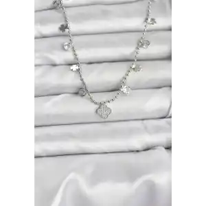 Pirinç Gümüş Renk Yonca Model Kadın Kolye