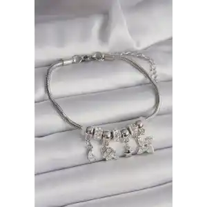 Pirinç Gümüş Renk Zincir Sallantı Zirkon Taşlı Yonca Figür Charm Bileklik