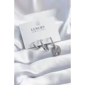 Pirinç Gümüş Renk Zirkon Taşlı 3lü Kadın Küpe Seti