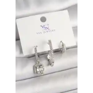 Pirinç Gümüş Renk Zirkon Taşlı Baget Halka Model 3Lü Kadın Kombin Küpe