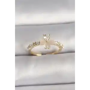 Pirinç Gümüş Renk Zirkon Taşlı Beyaz Mineli Yonca Model İnci Detay Ayarlanabilir Yüzük
