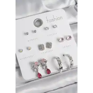 Pirinç Gümüş Renk Zirkon Taşlı Çiçek Figür İncili Halka Detay 7 Çift Kadın Küpe Seti