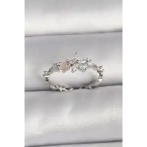 Pirinç Gümüş Renk Zirkon Taşlı Çiçek Model Ayarlanabilir Yüzük
