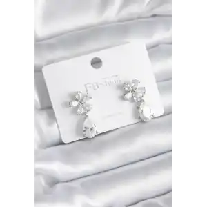 Pirinç Gümüş Renk Zirkon Taşlı Çiçek Model Damla Model Kadın Küpe