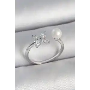 Pirinç Gümüş Renk Zirkon Taşlı Çiçek Model İnci Detay Ayarlanabilir Kadın Yüzük