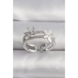 Pirinç Gümüş Renk Zirkon Taşlı Çiçek Model VIP Seri Kadın Yüzük