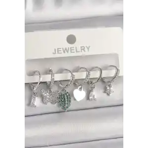 Pirinç Gümüş Renk Zirkon Taşlı Çoklu Figür Kadın Küpe Seti