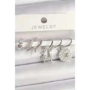 Pirinç Gümüş Renk Zirkon Taşlı Çoklu Figür Kadın Küpe Seti