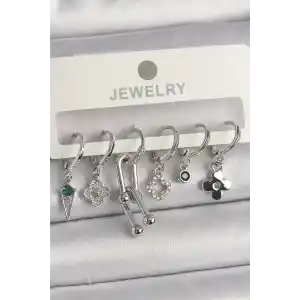 Pirinç Gümüş Renk Zirkon Taşlı Çoklu Figür Kadın Küpe Seti