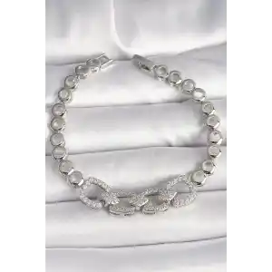Pirinç Gümüş Renk Zirkon Taşlı Daire Zincir Model Kadın Bileklik