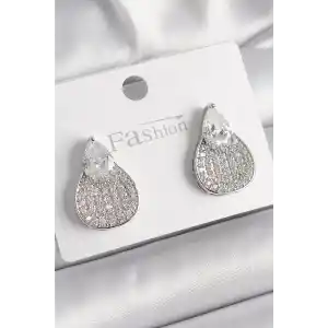 Pirinç Gümüş Renk Zirkon Taşlı Damla Model Kadın Küpe