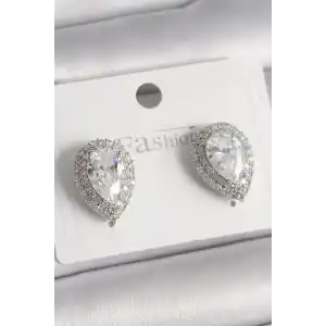 Pirinç Gümüş Renk Zirkon Taşlı Damla Model Kadın Küpe