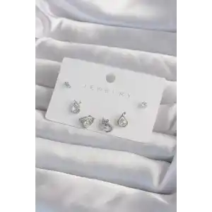 Pirinç Gümüş Renk Zirkon Taşlı Damla Model Küpe Seti