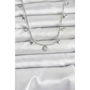 Pirinç Gümüş Renk Zirkon Taşlı Deniz Kabuğu Model Kadın Kolye