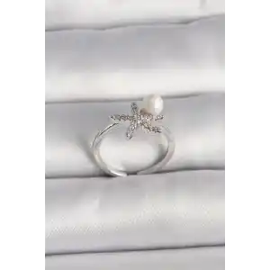 Pirinç Gümüş Renk Zirkon Taşlı Deniz Yıldızı Model İnci Detay Ayarlanabilir Yüzük