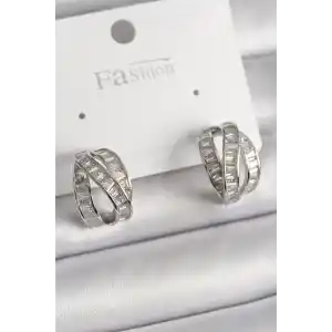 Pirinç Gümüş Renk Zirkon Taşlı Düğüm Halka Model Kadın Küpe