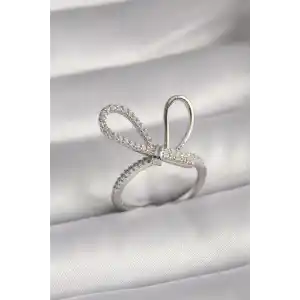 Pirinç Gümüş Renk Zirkon Taşlı Düğüm Model Kadın Yüzük