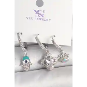 Pirinç Gümüş Renk Zirkon Taşlı Fatma Ana Yonca Figür Göz Detay 3Lü Kadın Kombin Küpe