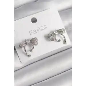 Pirinç Gümüş Renk Zirkon Taşlı Fiyonk Model Kadın Küpe