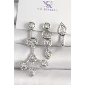 Pirinç Gümüş Renk Zirkon Taşlı Geometrik Model 3Lü Kadın Kombin Küpe