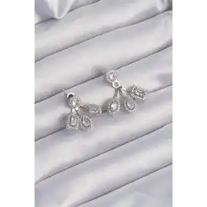 Pirinç Gümüş Renk Zirkon Taşlı Geometrik Model Küpe