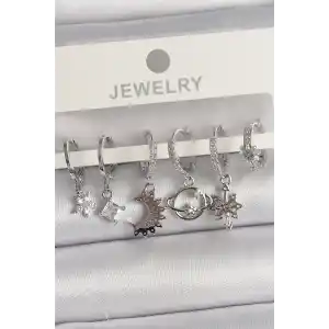 Pirinç Gümüş Renk Zirkon Taşlı Gezgen Model Kadın Küpe Seti