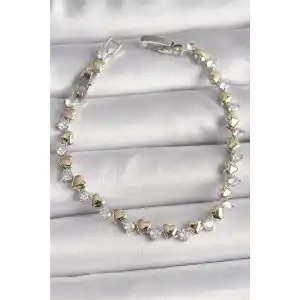 Pirinç Gümüş Renk Zirkon Taşlı Gold Kalpli VIP Seri Kadın Bileklik