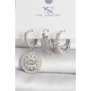 Pirinç Gümüş Renk Zirkon Taşlı Göz İşlemeli Halka Model 3Lü Kadın Kombin Küpe