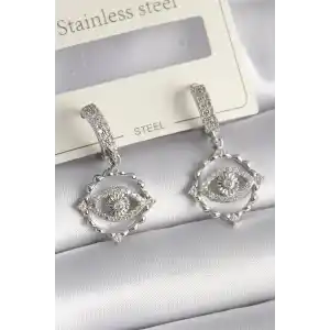 Pirinç Gümüş Renk Zirkon Taşlı Göz Model Kadın Küpe