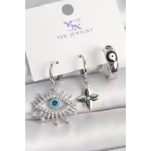 Pirinç Gümüş Renk Zirkon Taşlı Göz Model Nazar Boncuk Detay 3Lü Kadın Kombin Küpe
