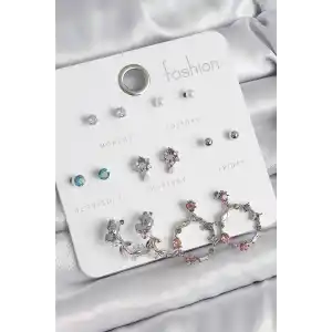 Pirinç Gümüş Renk Zirkon Taşlı Gül Figür Halka Model 7 Çift Kadın Küpe Seti