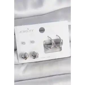 Pirinç Gümüş Renk Zirkon Taşlı Halka Model 3 Çift Kadın Küpe Seti