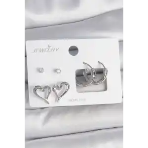 Pirinç Gümüş Renk Zirkon Taşlı Halka Model Kalp Detay 3 Çift Kadın Küpe Seti