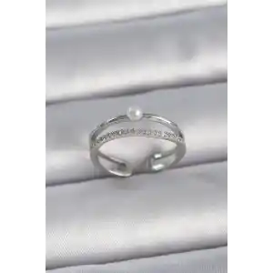 Pirinç Gümüş Renk Zirkon Taşlı İnci Detay Ayarlanabilir Model Kadın Yüzük