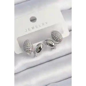 Pirinç Gümüş Renk Zirkon Taşlı Kadın Küpe