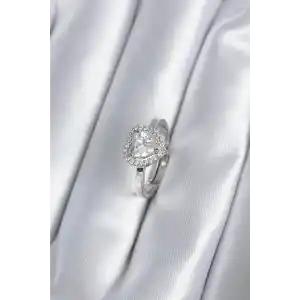 Pirinç Gümüş Renk Zirkon Taşlı Kalp Charm Model Kadın Yüzük