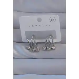 Pirinç Gümüş Renk Zirkon Taşlı Kalp Model Çoklu Görünüm Yarım Halka Küpe