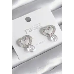 Pirinç Gümüş Renk Zirkon Taşlı Kalp Model Damla Zirkon Taş Detay Kadın Küpe