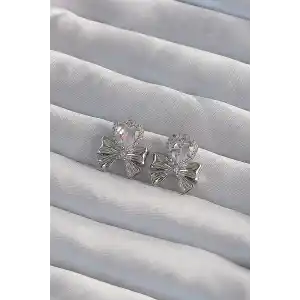 Pirinç Gümüş Renk Zirkon Taşlı Kalp Model Fiyonk Küpe