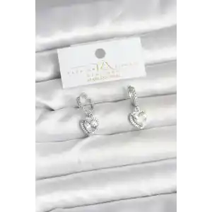 Pirinç Gümüş Renk Zirkon Taşlı Kalp Model Kadın Küpe