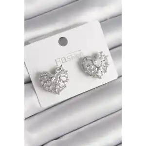 Pirinç Gümüş Renk Zirkon Taşlı Kalp Model Kadın Küpe