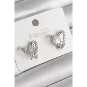 Pirinç Gümüş Renk Zirkon Taşlı Kalp Model Kadın Küpe
